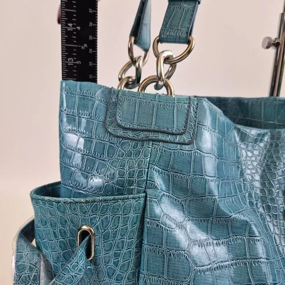 Coach Croc Embossed Leather Tote Teal Blue Shoulder Bag New Style 5659